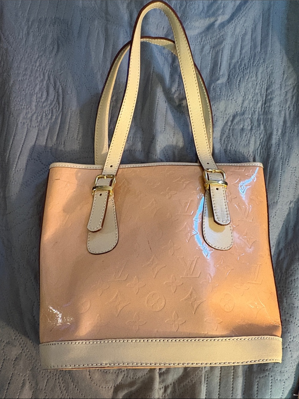 Peach Patent Leather Tote Bag with Ivory Trim